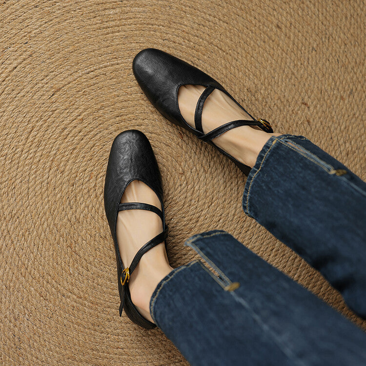 Women’s Rounded Toe Flats with Cross Strap Buckle Closure