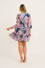 Women's Tiered Floral Mini Dress with Sheer Sleeves