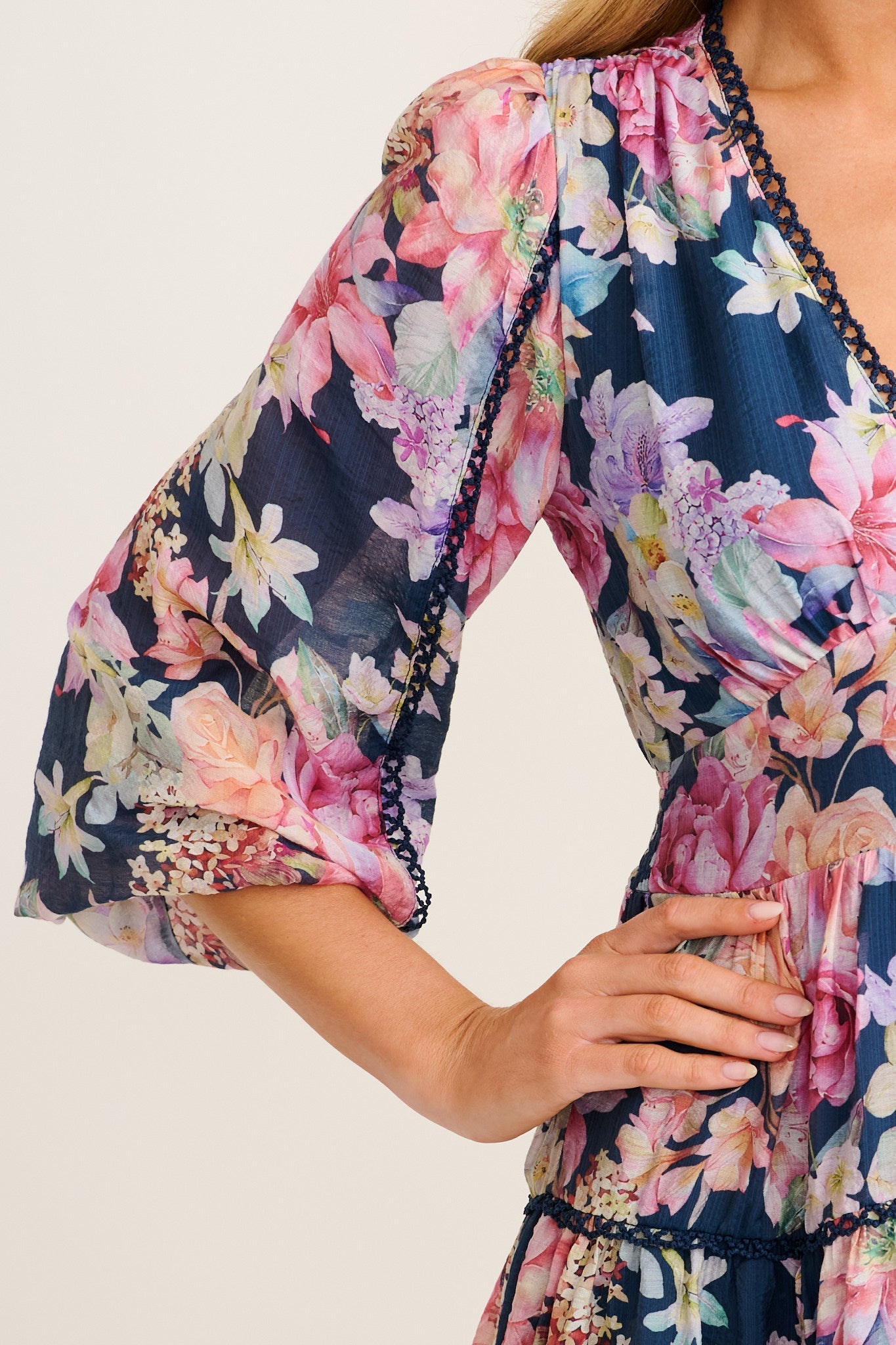 Women's Tiered Floral Mini Dress with Sheer Sleeves