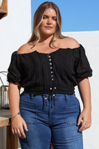 Women’s Short Sleeve Cropped Blouse with Front Button Placket and Drawstring Hem