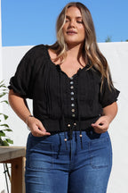 Women’s Short Sleeve Cropped Blouse with Front Button Placket and Drawstring Hem