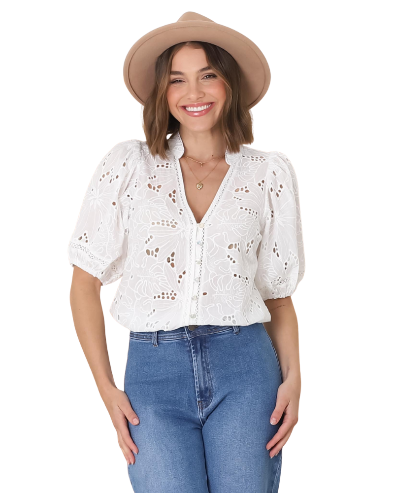 Women’s Short Sleeve V-Neck Blouse with Eyelet Pattern and Front Button Closure