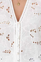 Women’s Short Sleeve V-Neck Blouse with Eyelet Pattern and Front Button Closure