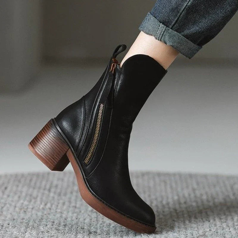 Women’s Side Zip Ankle Boots with Tassel Pull and Block Heel