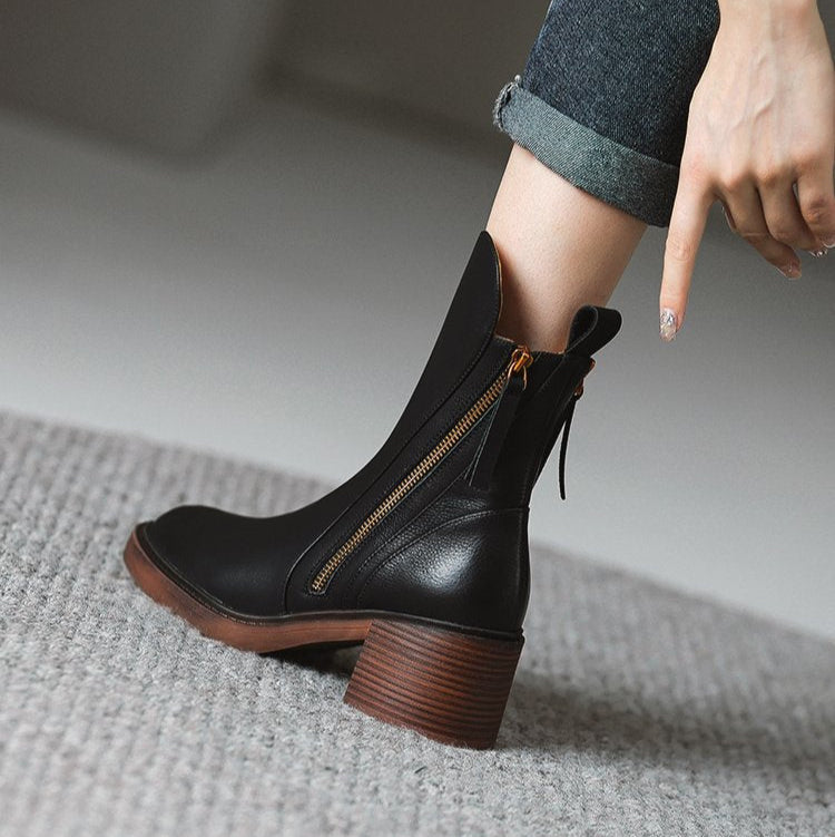 Women’s Side Zip Ankle Boots with Tassel Pull and Block Heel