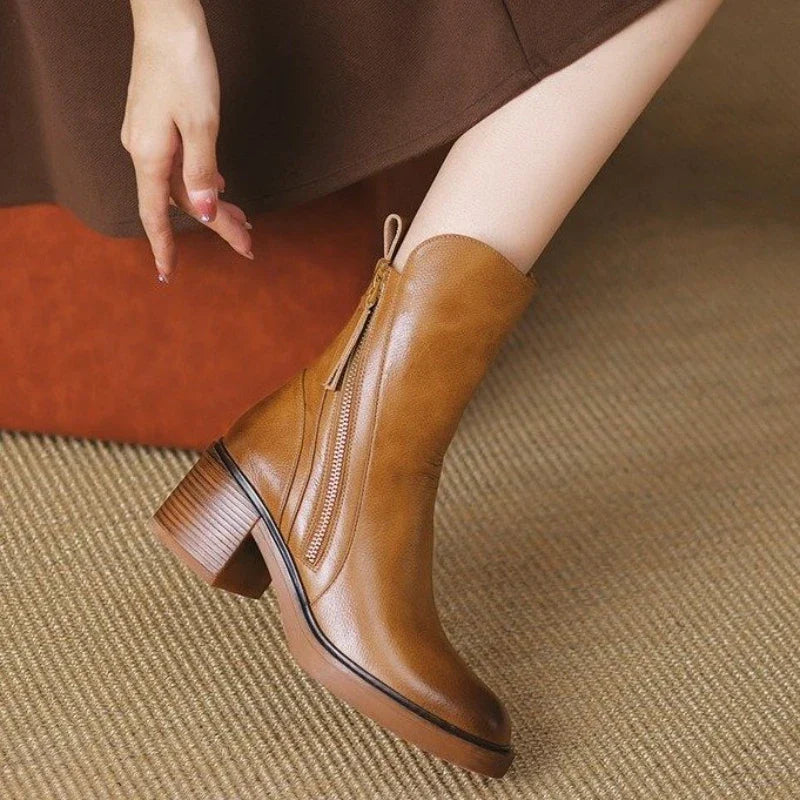 Women’s Side Zip Ankle Boots with Tassel Pull and Block Heel