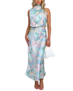Women’s Sleeveless Floral Maxi Dress with High Neckline and Elasticated Waist