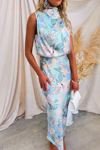 Women’s Sleeveless Floral Maxi Dress with High Neckline and Elasticated Waist