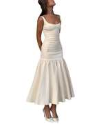 Women’s Sleeveless Midi Dress with Wide Straps and Drop Waist Hem