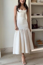 Women’s Sleeveless Midi Dress with Wide Straps and Drop Waist Hem