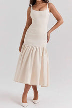 Women’s Sleeveless Midi Dress with Wide Straps and Drop Waist Hem