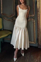 Women’s Sleeveless Midi Dress with Wide Straps and Drop Waist Hem