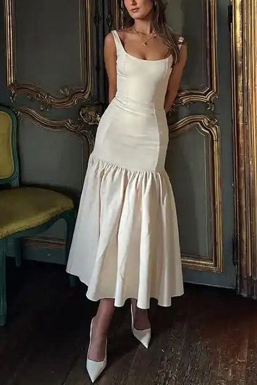 Women’s Sleeveless Midi Dress with Wide Straps and Drop Waist Hem