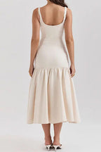 Women’s Sleeveless Midi Dress with Wide Straps and Drop Waist Hem