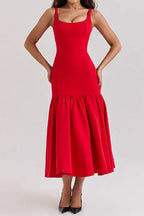 Women’s Sleeveless Midi Dress with Wide Straps and Drop Waist Hem