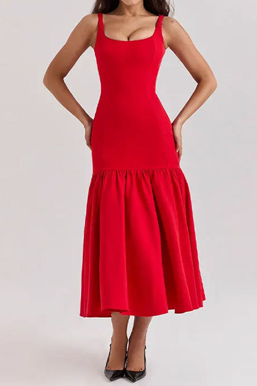 Women’s Sleeveless Midi Dress with Wide Straps and Drop Waist Hem