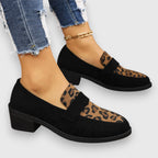 Women’s Penny Strap Block Heel Loafers with Irregular Spot Panel