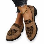 Women’s Penny Strap Block Heel Loafers with Irregular Spot Panel
