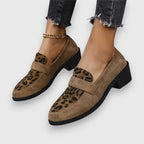 Women’s Penny Strap Block Heel Loafers with Irregular Spot Panel