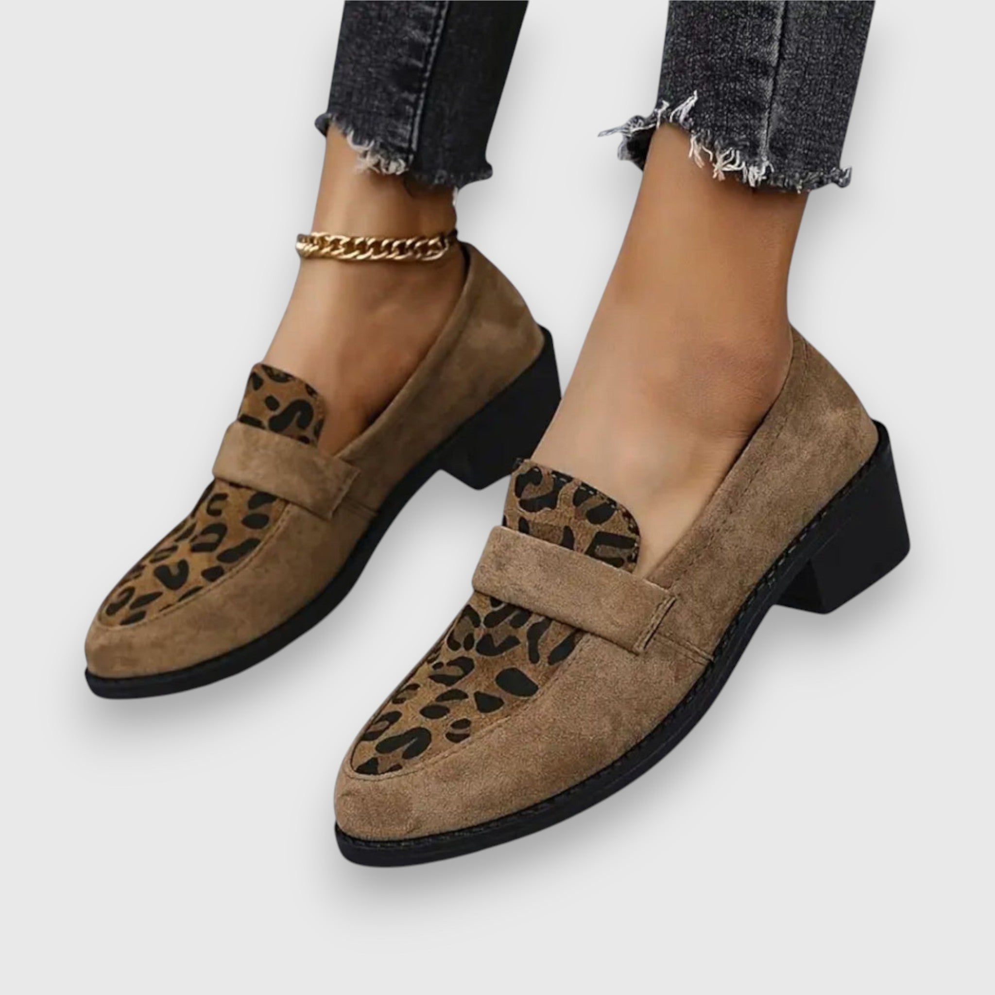 Women’s Penny Strap Block Heel Loafers with Irregular Spot Panel