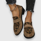 Women’s Penny Strap Block Heel Loafers with Irregular Spot Panel