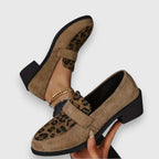 Women’s Penny Strap Block Heel Loafers with Irregular Spot Panel