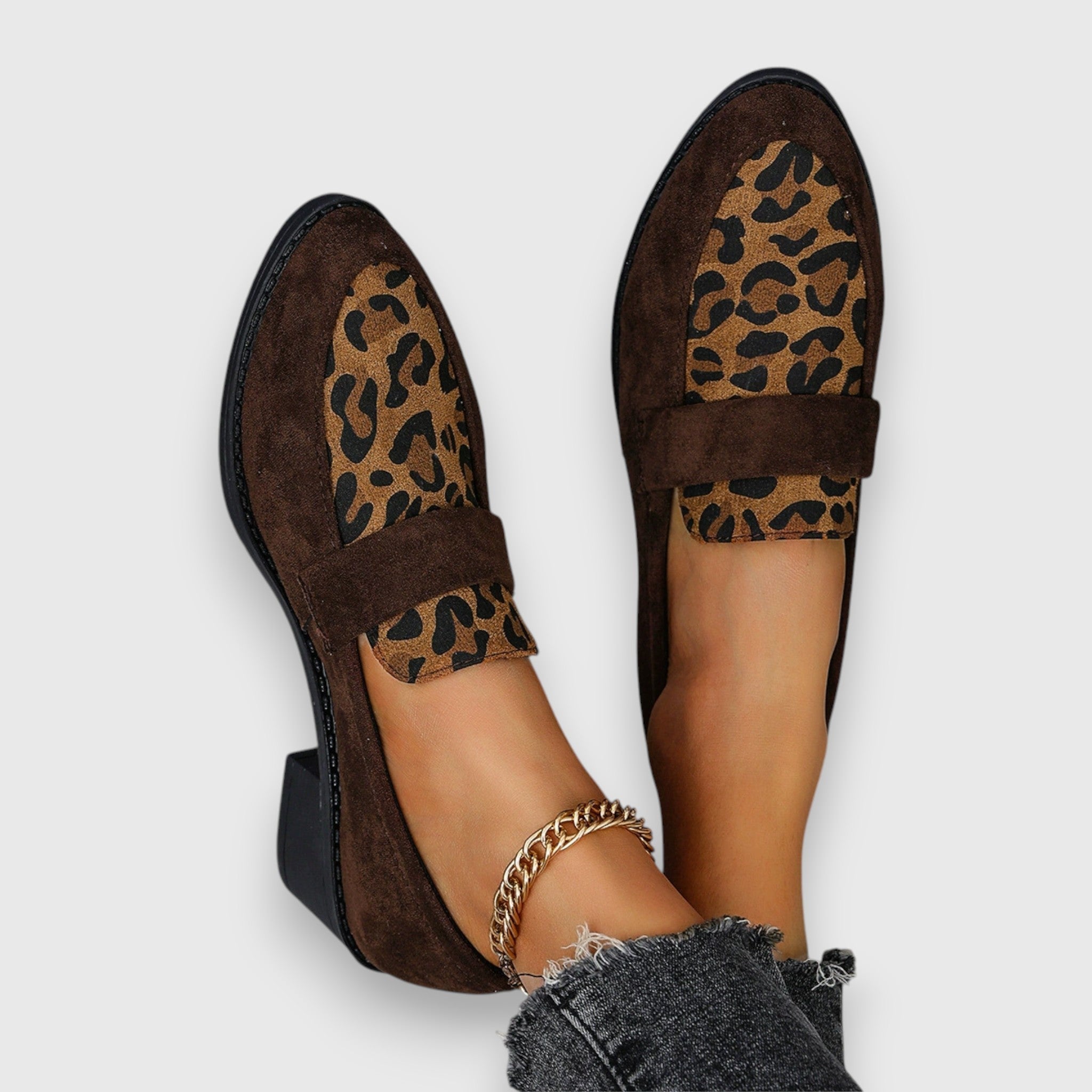 Women’s Penny Strap Block Heel Loafers with Irregular Spot Panel