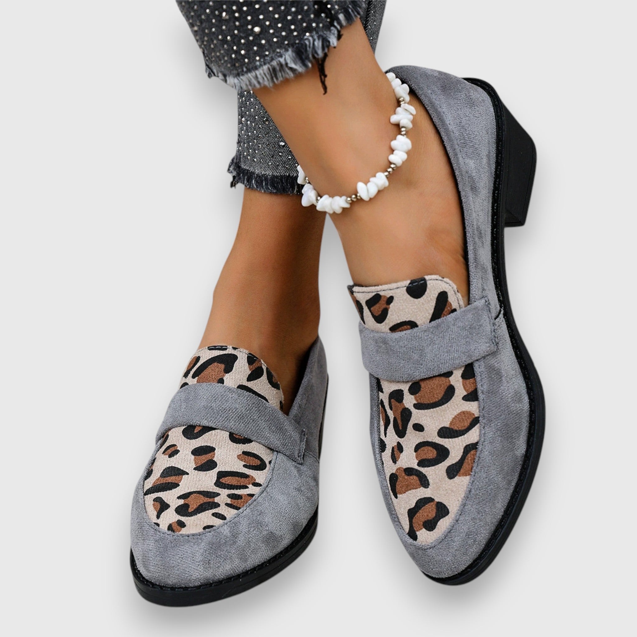 Women’s Penny Strap Block Heel Loafers with Irregular Spot Panel