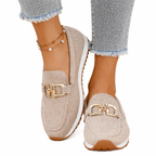 Women’s Rounded Toe Slip-On Loafers with Textured Upper and Link Hardware