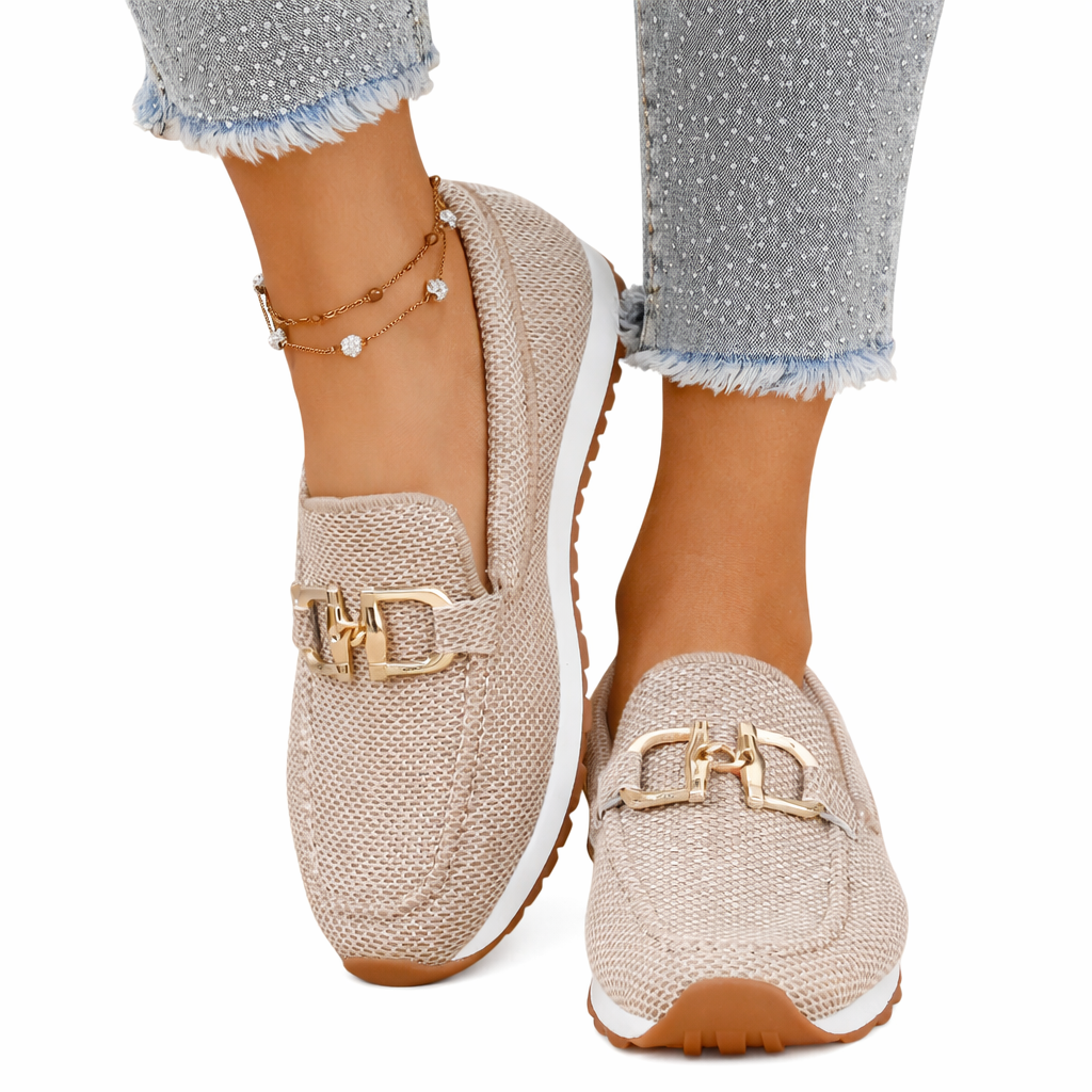 Women’s Rounded Toe Slip-On Loafers with Textured Upper and Link Hardware