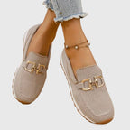 Women’s Rounded Toe Slip-On Loafers with Textured Upper and Link Hardware