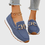 Women’s Rounded Toe Slip-On Loafers with Textured Upper and Link Hardware