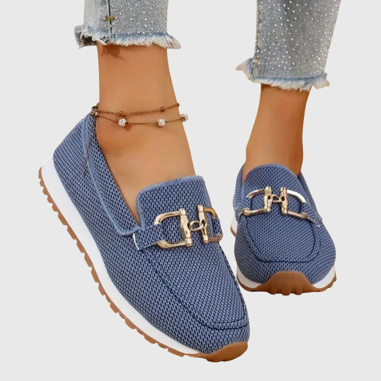 Women’s Rounded Toe Slip-On Loafers with Textured Upper and Link Hardware