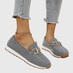 Women’s Rounded Toe Slip-On Loafers with Textured Upper and Link Hardware