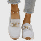 Women’s Rounded Toe Slip-On Loafers with Textured Upper and Link Hardware