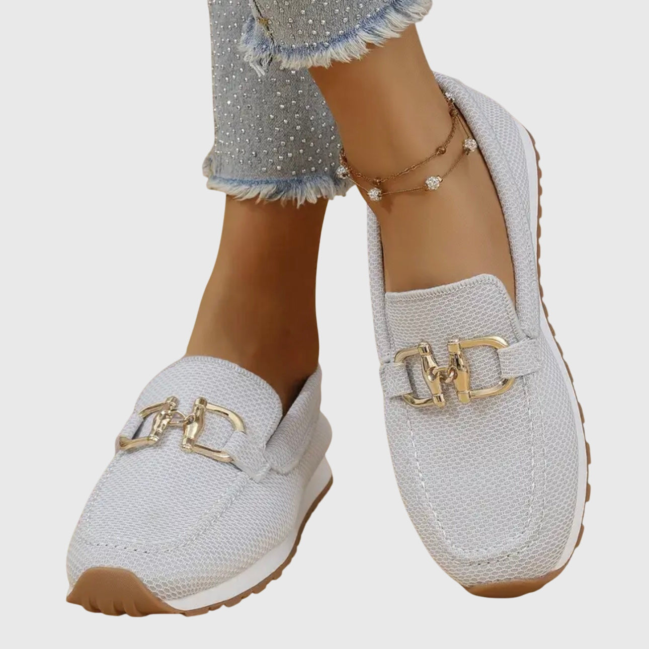 Women’s Rounded Toe Slip-On Loafers with Textured Upper and Link Hardware