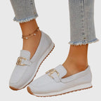 Women’s Rounded Toe Slip-On Loafers with Textured Upper and Link Hardware