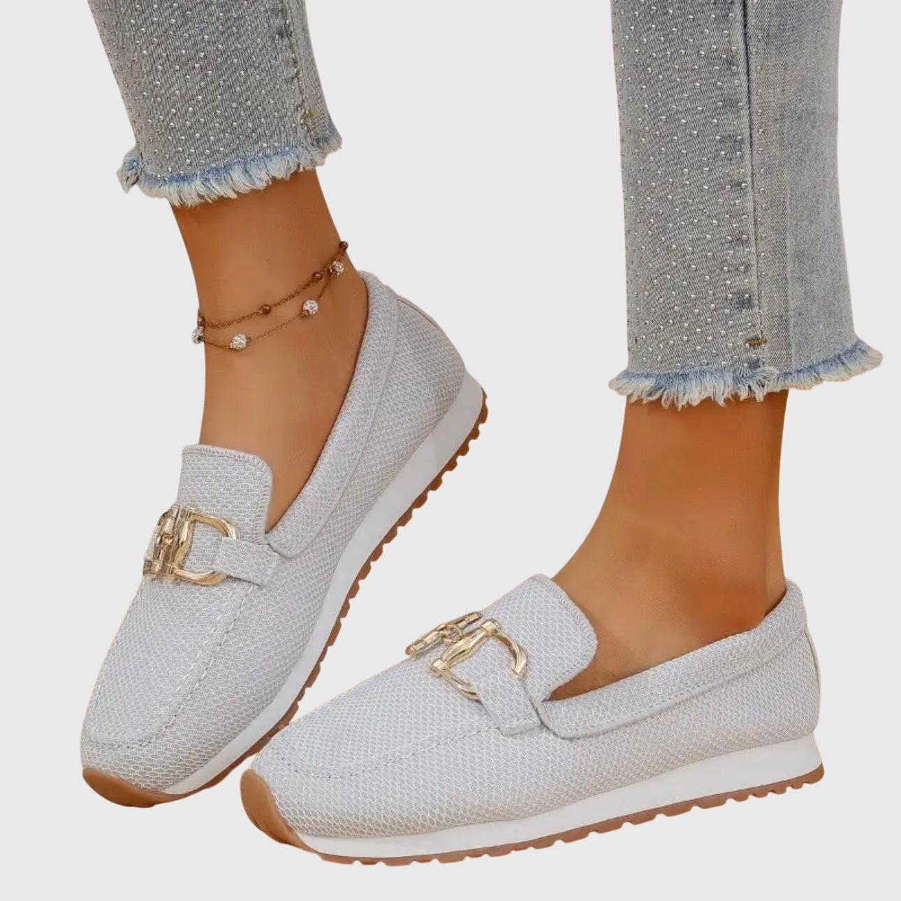 Women’s Rounded Toe Slip-On Loafers with Textured Upper and Link Hardware