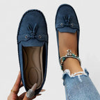 Women’s Rounded Toe Slip-On Moccasin Flats with Tassel Lace Detail
