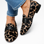 Women’s Rounded Toe Slip-On Loafers with Wide Strap and Contrast Spot Pattern