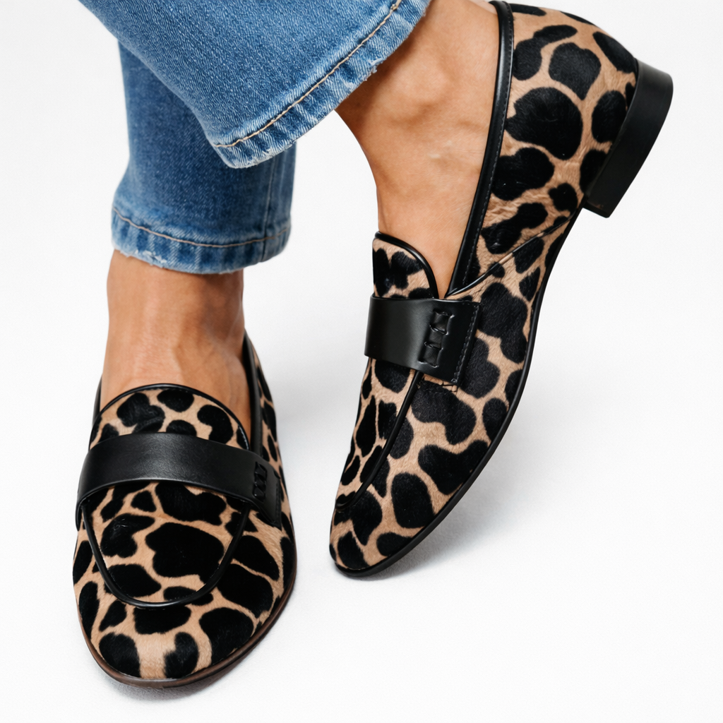 Women’s Rounded Toe Slip-On Loafers with Wide Strap and Contrast Spot Pattern