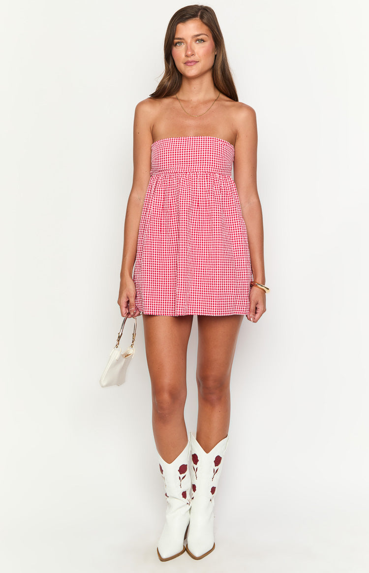 Women’s Smocked Gingham Strapless Mini Dress