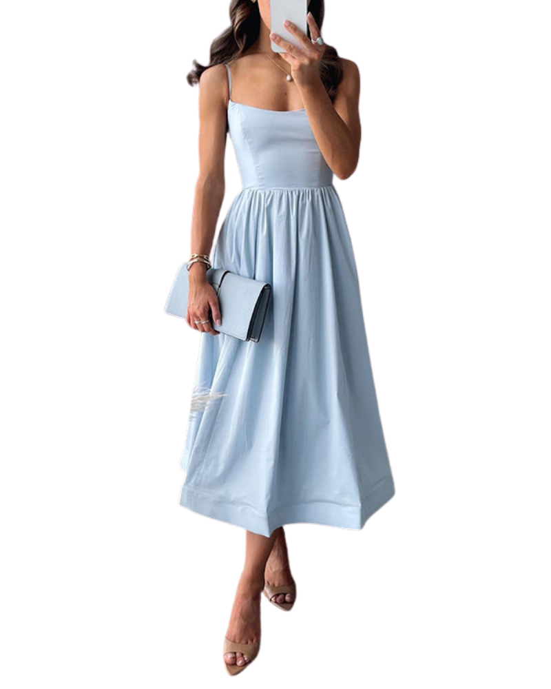 Women’s Spaghetti Strap Midi Dress with Square Neckline and Gathered Skirt