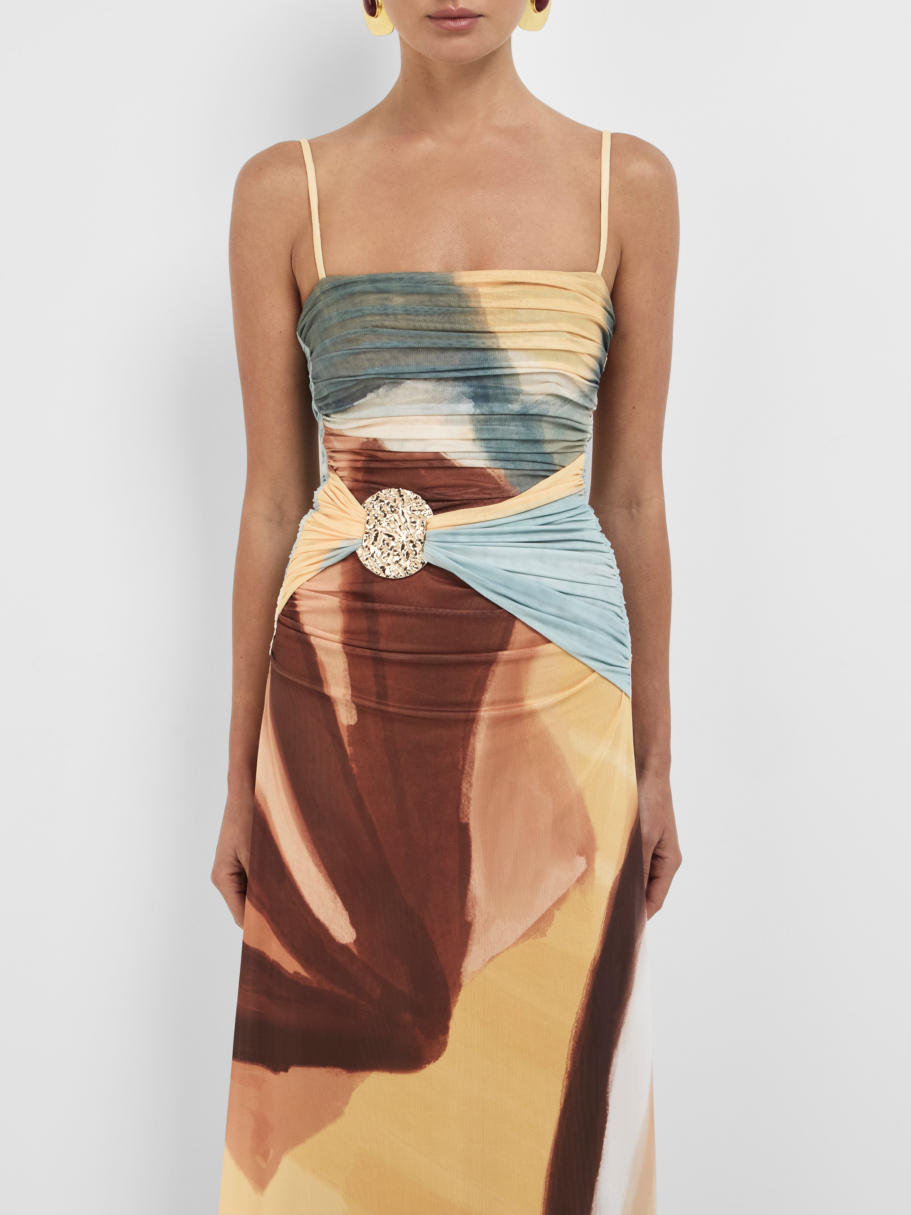 Women’s Straight Neck Maxi Dress with Adjustable Straps and Ruched Bodice