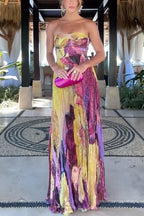 Women’s Strapless Floral Print Pleated Maxi Dress