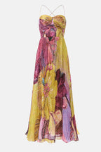 Women’s Strapless Floral Print Pleated Maxi Dress