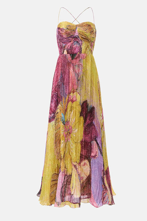 Women’s Strapless Floral Print Pleated Maxi Dress