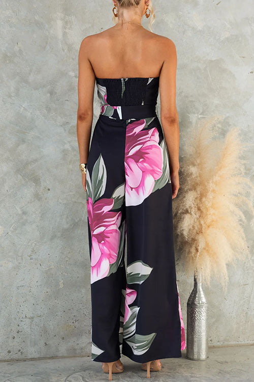 Women’s Strapless Floral Print Wide-Leg Jumpsuit with Waist Tie