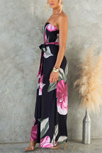 Women’s Strapless Floral Print Wide-Leg Jumpsuit with Waist Tie