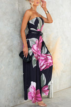 Women’s Strapless Floral Print Wide-Leg Jumpsuit with Waist Tie